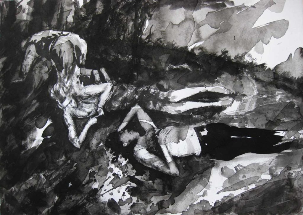 Paolo Boosten indian ink drawing with man and girl sleeping in nature.