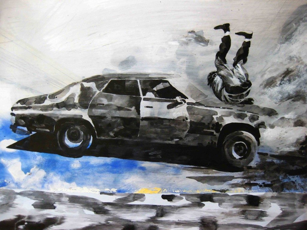 Paolo Boosten indian ink drawing with car overthrowing men.