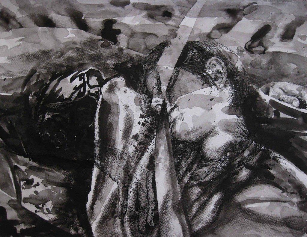 Paolo Boosten indian ink drawing with sleeping girl portrait.