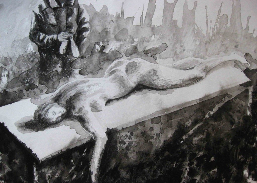 Paolo Boosten indian ink drawing with naked sleeping girl.